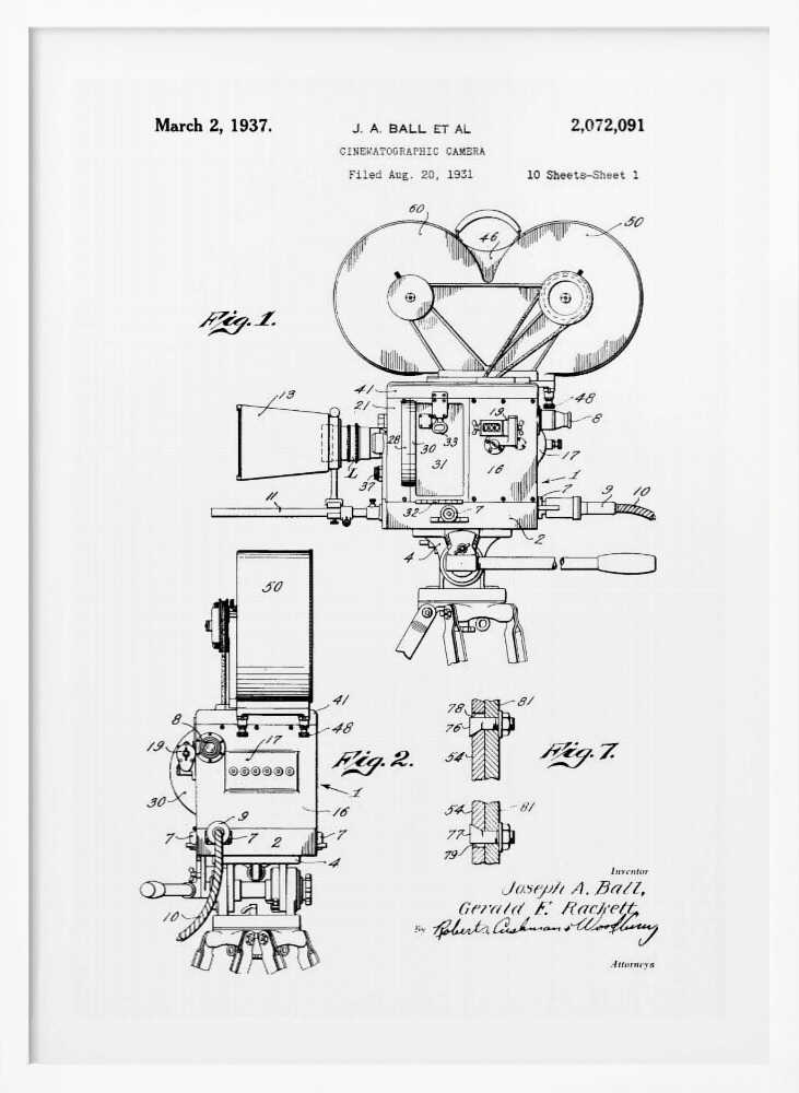 A framed black and white patent illustration for a cinematographic camera, dated March 2, 1937. The detailed technical drawing shows various views of a vintage movie camera on a tripod, with labels and figures. Artwork
