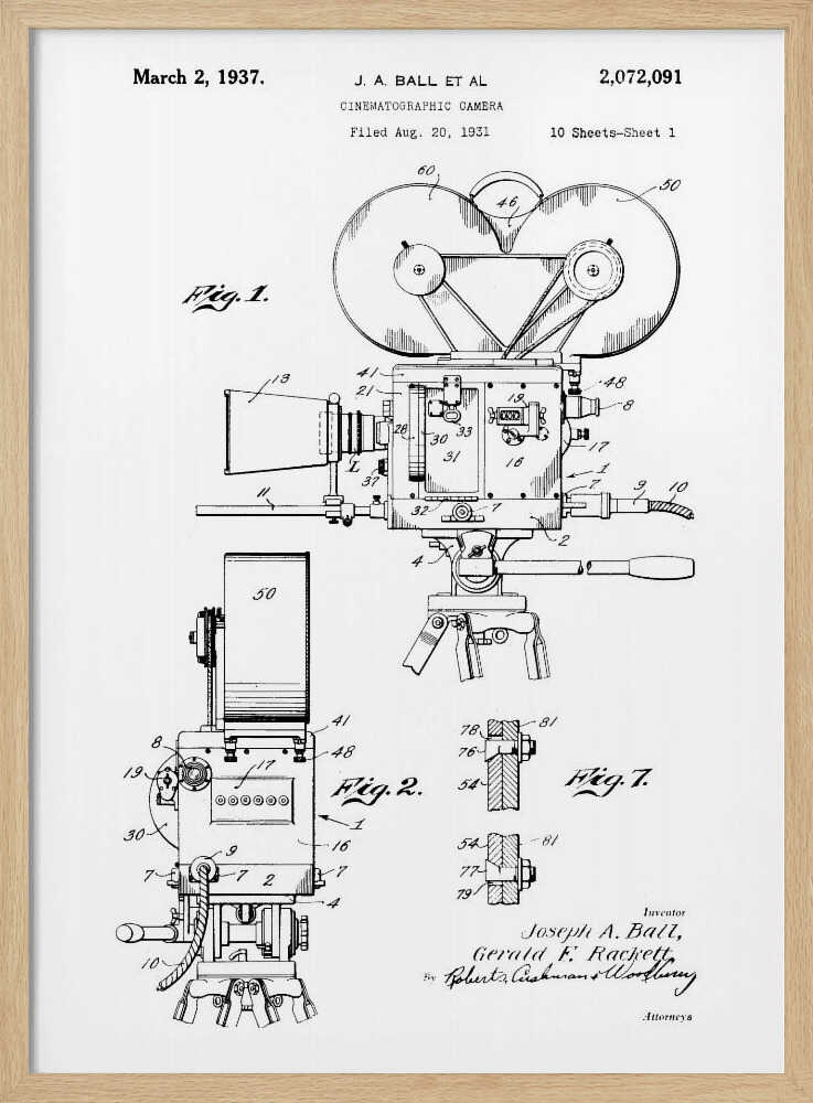 A framed black and white patent illustration for a cinematographic camera, dated March 2, 1937. The detailed technical drawing shows various views of a vintage movie camera on a tripod, with labels and figures. Artwork
