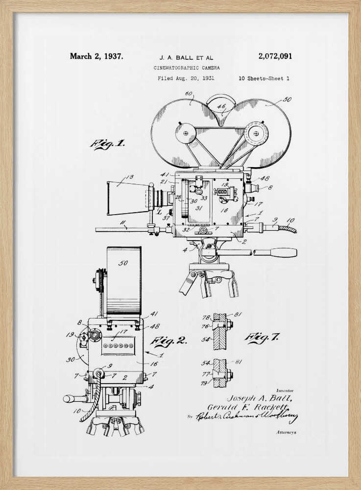 A framed black and white patent illustration for a cinematographic camera, dated March 2, 1937. The detailed technical drawing shows various views of a vintage movie camera on a tripod, with labels and figures. Artwork