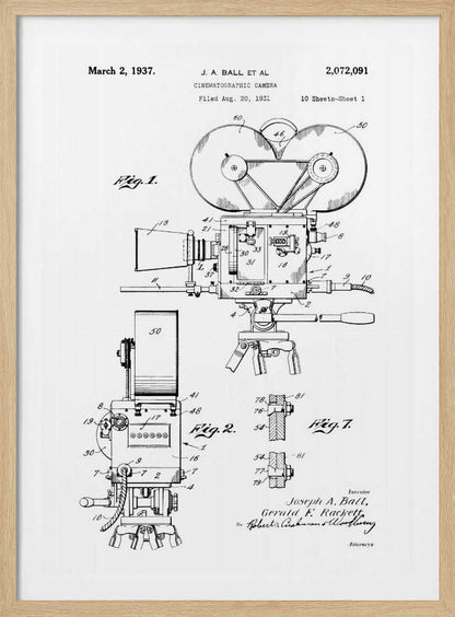 A framed black and white patent illustration for a cinematographic camera, dated March 2, 1937. The detailed technical drawing shows various views of a vintage movie camera on a tripod, with labels and figures. Artwork