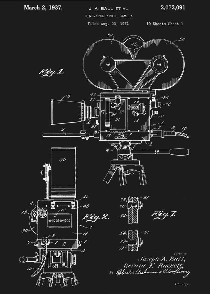 A framed vintage patent illustration for a cinematographic camera, presented as a white line drawing on a black background. The blueprint-style artwork shows detailed diagrams of a 1930s movie camera, complete with text from the original patent filing. Artwork