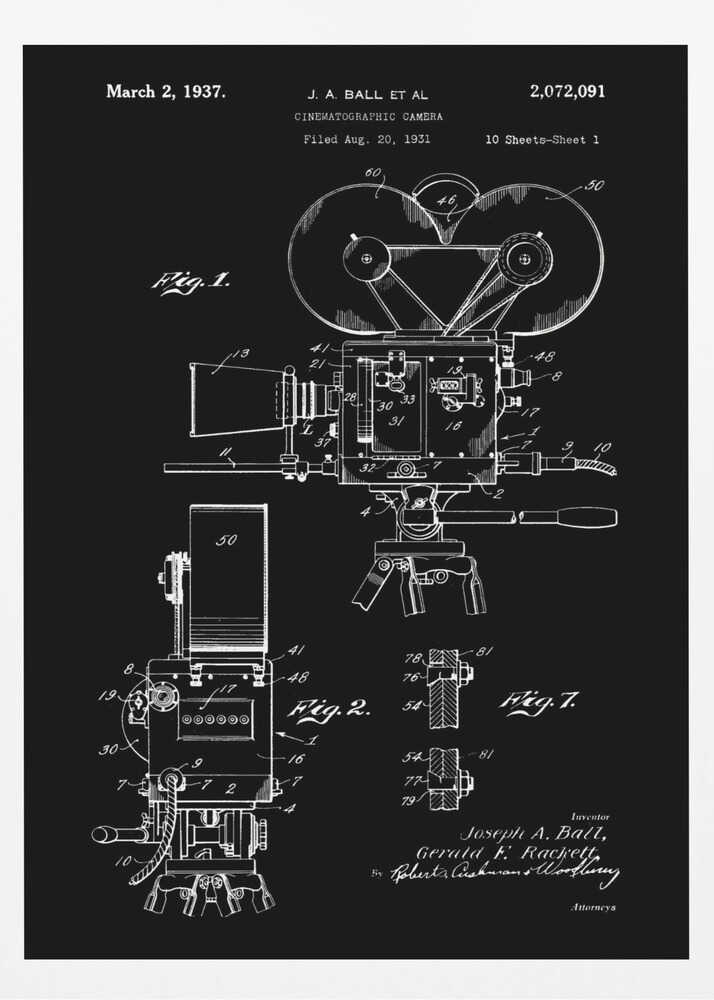 A framed vintage patent illustration for a cinematographic camera, presented as a white line drawing on a black background. The blueprint-style artwork shows detailed diagrams of a 1930s movie camera, complete with text from the original patent filing. Artwork