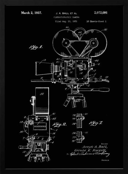 A framed vintage patent illustration for a cinematographic camera, presented as a white line drawing on a black background. The blueprint-style artwork shows detailed diagrams of a 1930s movie camera, complete with text from the original patent filing. Artwork