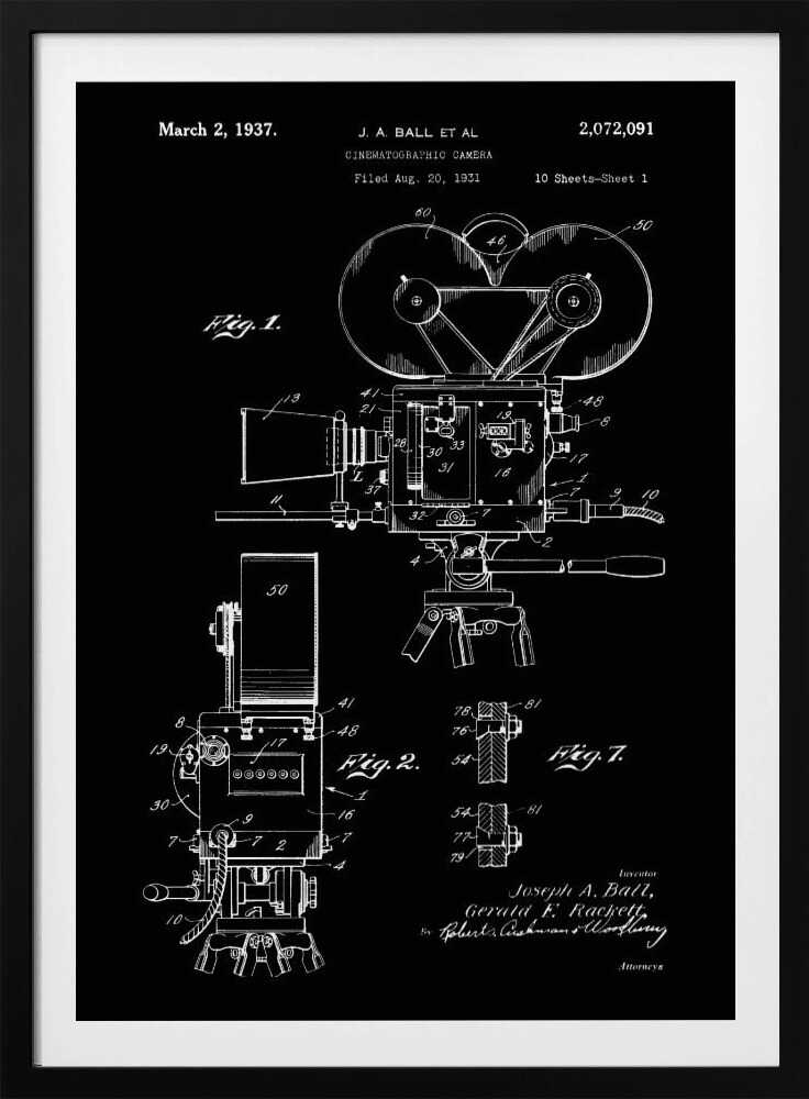 A framed vintage patent illustration for a cinematographic camera, presented as a white line drawing on a black background. The blueprint-style artwork shows detailed diagrams of a 1930s movie camera, complete with text from the original patent filing. Artwork