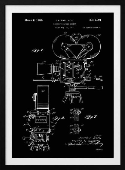 A framed vintage patent illustration for a cinematographic camera, presented as a white line drawing on a black background. The blueprint-style artwork shows detailed diagrams of a 1930s movie camera, complete with text from the original patent filing. Artwork