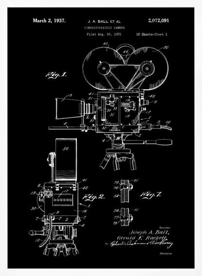 A framed vintage patent illustration for a cinematographic camera, presented as a white line drawing on a black background. The blueprint-style artwork shows detailed diagrams of a 1930s movie camera, complete with text from the original patent filing. Artwork