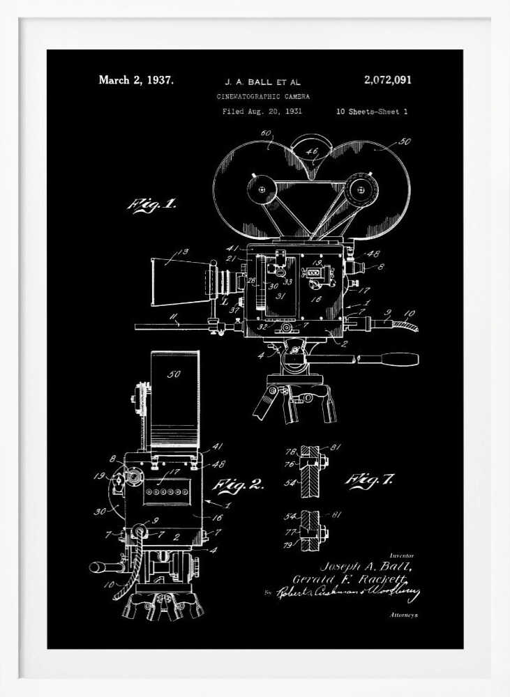 A framed vintage patent illustration for a cinematographic camera, presented as a white line drawing on a black background. The blueprint-style artwork shows detailed diagrams of a 1930s movie camera, complete with text from the original patent filing. Artwork