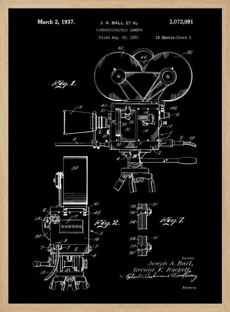 A framed vintage patent illustration for a cinematographic camera, presented as a white line drawing on a black background. The blueprint-style artwork shows detailed diagrams of a 1930s movie camera, complete with text from the original patent filing. Artwork