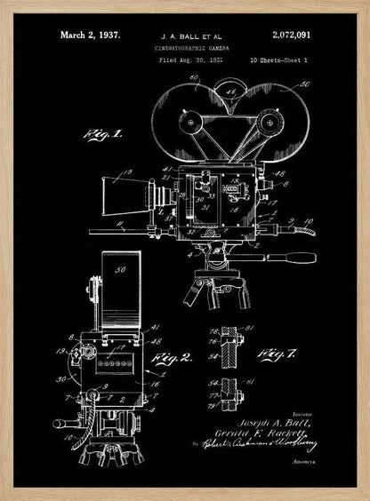A framed vintage patent illustration for a cinematographic camera, presented as a white line drawing on a black background. The blueprint-style artwork shows detailed diagrams of a 1930s movie camera, complete with text from the original patent filing. Artwork
