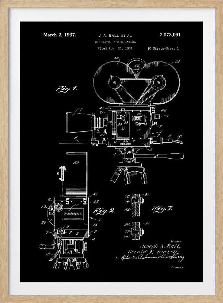 A framed vintage patent illustration for a cinematographic camera, presented as a white line drawing on a black background. The blueprint-style artwork shows detailed diagrams of a 1930s movie camera, complete with text from the original patent filing. Artwork