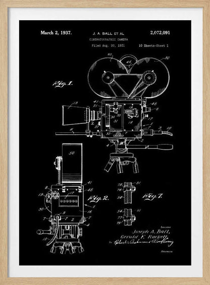 A framed vintage patent illustration for a cinematographic camera, presented as a white line drawing on a black background. The blueprint-style artwork shows detailed diagrams of a 1930s movie camera, complete with text from the original patent filing. Artwork
