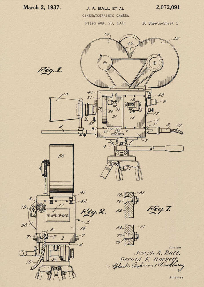 A framed print of a vintage patent diagram for a cinematographic camera, dated March 2, 1937. The technical drawing is in black ink on a beige background, showing multiple views and components of an old movie camera on a tripod. Artwork