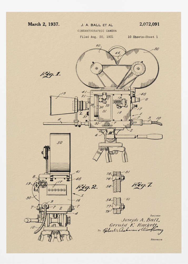 A framed print of a vintage patent diagram for a cinematographic camera, dated March 2, 1937. The technical drawing is in black ink on a beige background, showing multiple views and components of an old movie camera on a tripod. Artwork