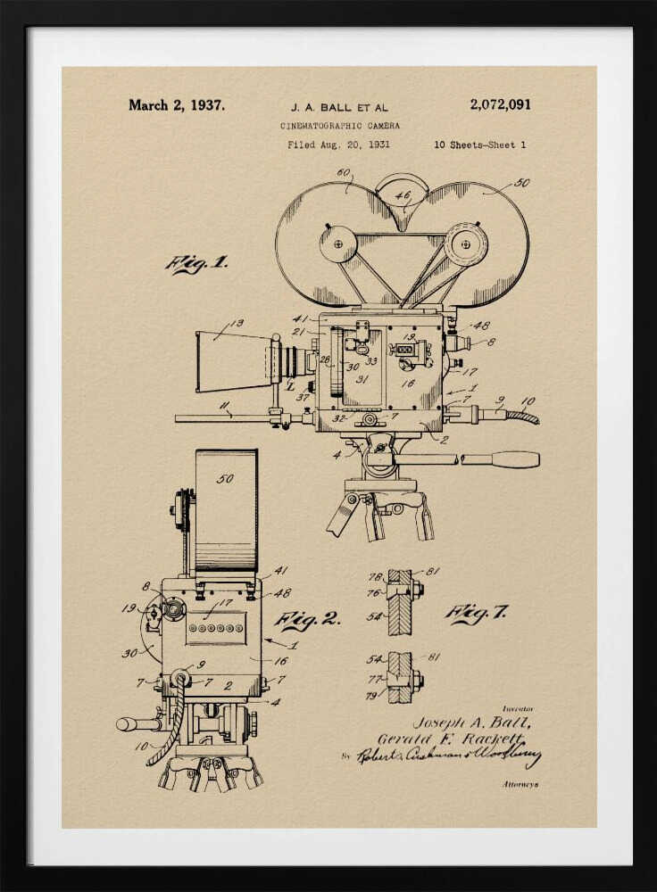 A framed print of a vintage patent diagram for a cinematographic camera, dated March 2, 1937. The technical drawing is in black ink on a beige background, showing multiple views and components of an old movie camera on a tripod. Artwork