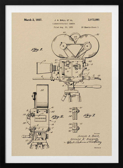 A framed print of a vintage patent diagram for a cinematographic camera, dated March 2, 1937. The technical drawing is in black ink on a beige background, showing multiple views and components of an old movie camera on a tripod. Artwork