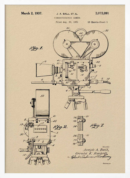 A framed print of a vintage patent diagram for a cinematographic camera, dated March 2, 1937. The technical drawing is in black ink on a beige background, showing multiple views and components of an old movie camera on a tripod. Artwork