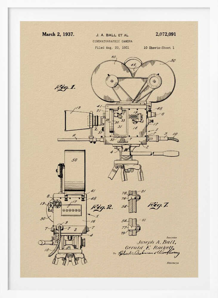 A framed print of a vintage patent diagram for a cinematographic camera, dated March 2, 1937. The technical drawing is in black ink on a beige background, showing multiple views and components of an old movie camera on a tripod. Artwork