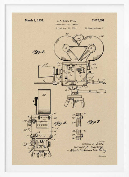 A framed print of a vintage patent diagram for a cinematographic camera, dated March 2, 1937. The technical drawing is in black ink on a beige background, showing multiple views and components of an old movie camera on a tripod. Artwork