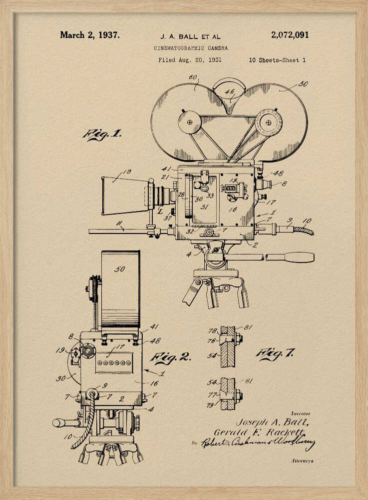 A framed print of a vintage patent diagram for a cinematographic camera, dated March 2, 1937. The technical drawing is in black ink on a beige background, showing multiple views and components of an old movie camera on a tripod. Artwork