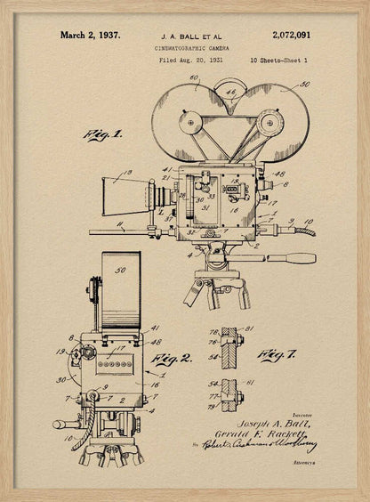 A framed print of a vintage patent diagram for a cinematographic camera, dated March 2, 1937. The technical drawing is in black ink on a beige background, showing multiple views and components of an old movie camera on a tripod. Artwork