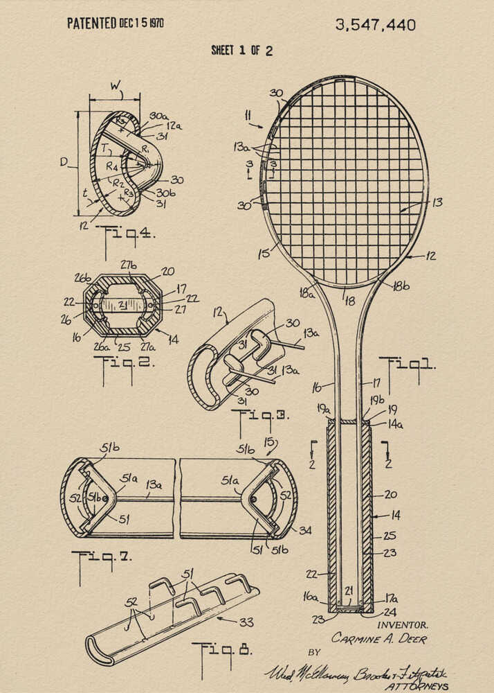 A framed vintage-style print of a tennis racket patent from December 15, 1970. The artwork shows detailed technical drawings and diagrams of the racket's construction on a beige background. Artwork