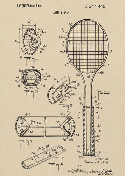 A framed vintage-style print of a tennis racket patent from December 15, 1970. The artwork shows detailed technical drawings and diagrams of the racket's construction on a beige background. Artwork