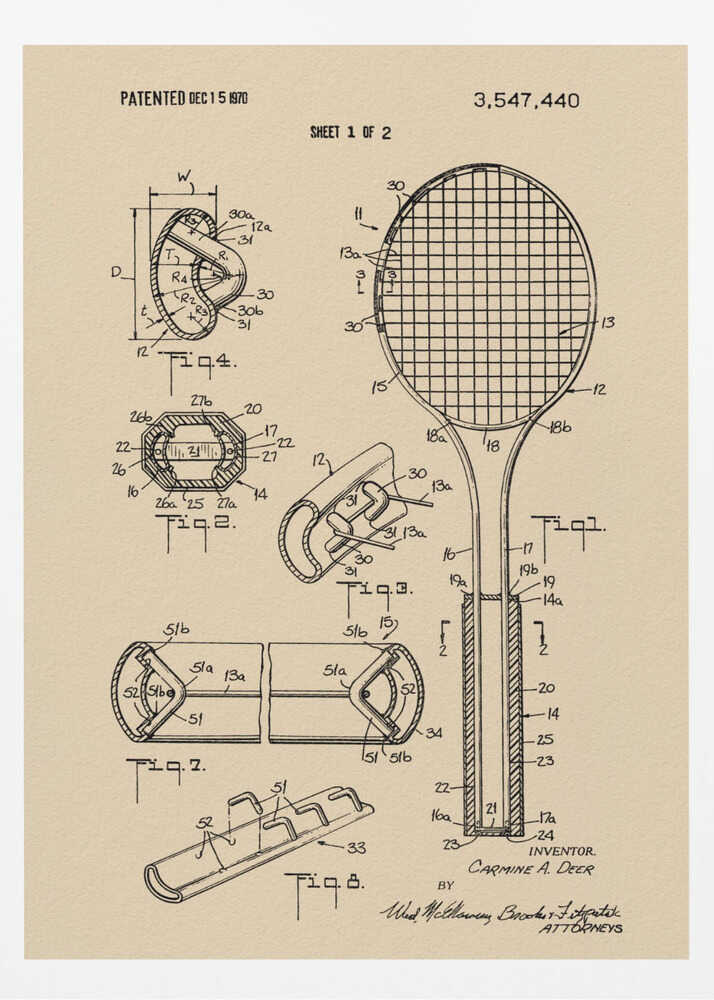 A framed vintage-style print of a tennis racket patent from December 15, 1970. The artwork shows detailed technical drawings and diagrams of the racket's construction on a beige background. Artwork