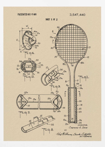 A framed vintage-style print of a tennis racket patent from December 15, 1970. The artwork shows detailed technical drawings and diagrams of the racket's construction on a beige background. Artwork