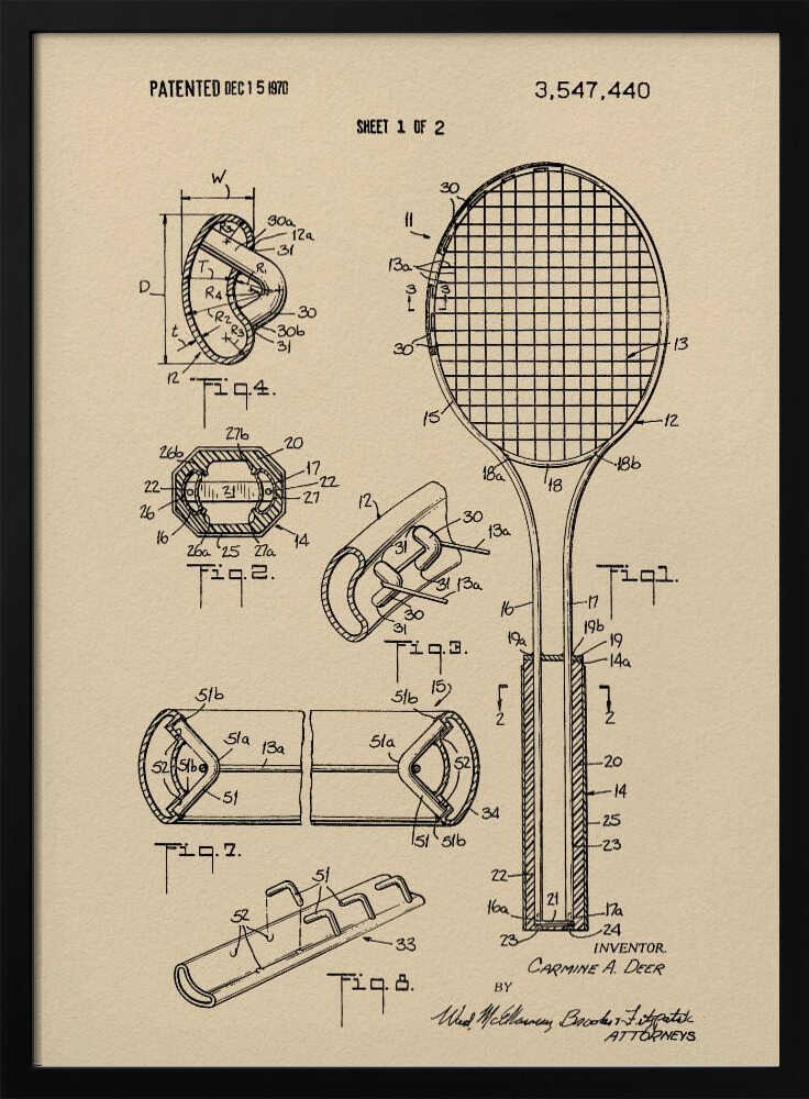 A framed vintage-style print of a tennis racket patent from December 15, 1970. The artwork shows detailed technical drawings and diagrams of the racket's construction on a beige background. Artwork