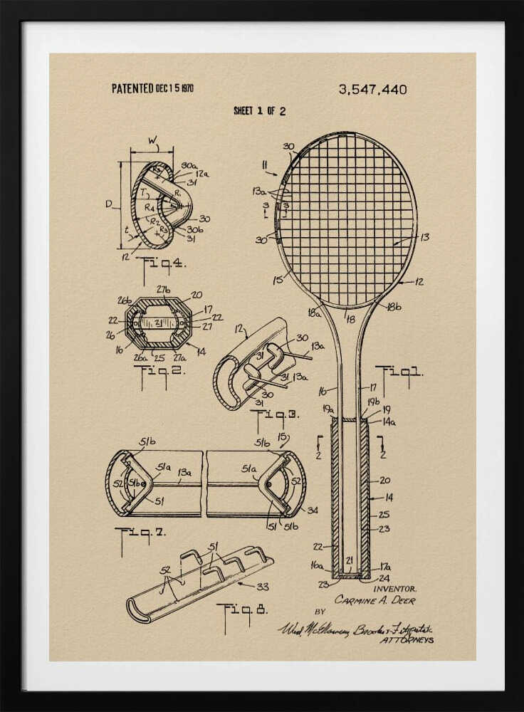 A framed vintage-style print of a tennis racket patent from December 15, 1970. The artwork shows detailed technical drawings and diagrams of the racket's construction on a beige background. Artwork