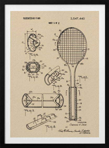 A framed vintage-style print of a tennis racket patent from December 15, 1970. The artwork shows detailed technical drawings and diagrams of the racket's construction on a beige background. Artwork