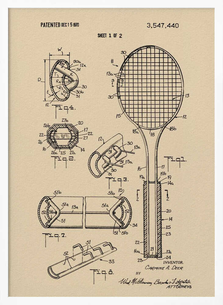 A framed vintage-style print of a tennis racket patent from December 15, 1970. The artwork shows detailed technical drawings and diagrams of the racket's construction on a beige background. Artwork