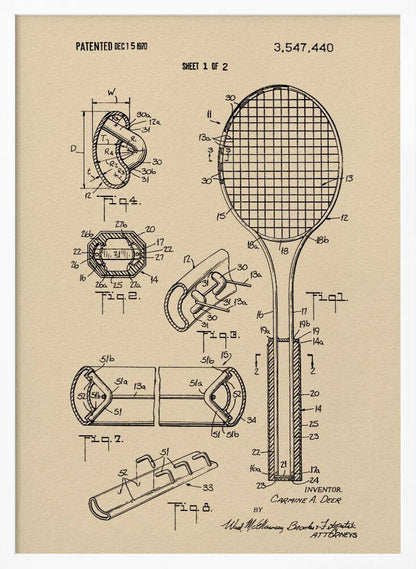 A framed vintage-style print of a tennis racket patent from December 15, 1970. The artwork shows detailed technical drawings and diagrams of the racket's construction on a beige background. Artwork