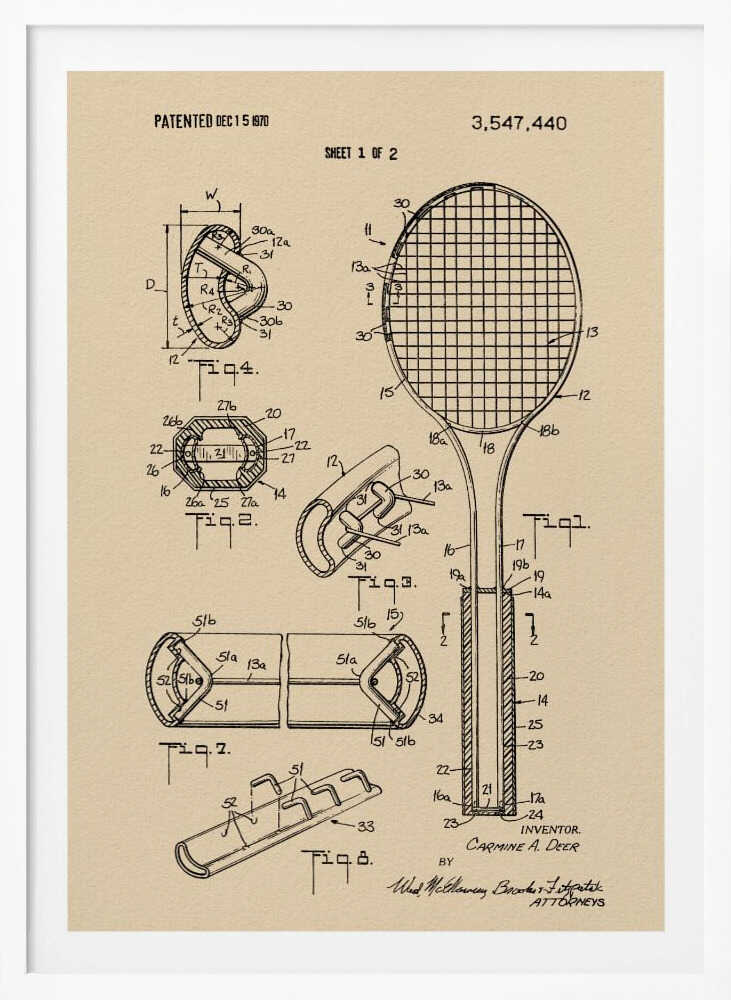 A framed vintage-style print of a tennis racket patent from December 15, 1970. The artwork shows detailed technical drawings and diagrams of the racket's construction on a beige background. Artwork