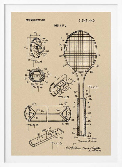A framed vintage-style print of a tennis racket patent from December 15, 1970. The artwork shows detailed technical drawings and diagrams of the racket's construction on a beige background. Artwork