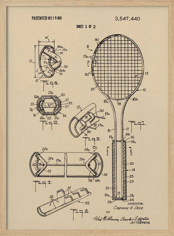 A framed vintage-style print of a tennis racket patent from December 15, 1970. The artwork shows detailed technical drawings and diagrams of the racket's construction on a beige background. Artwork