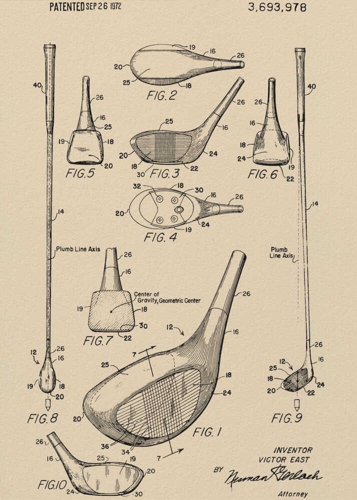 A framed vintage patent illustration for a golf club, dated September 26, 1972. The drawing, on beige paper, shows multiple detailed figures of the club's design from various angles, complete with reference numbers and labels like 'Plumb Line Axis'. Print