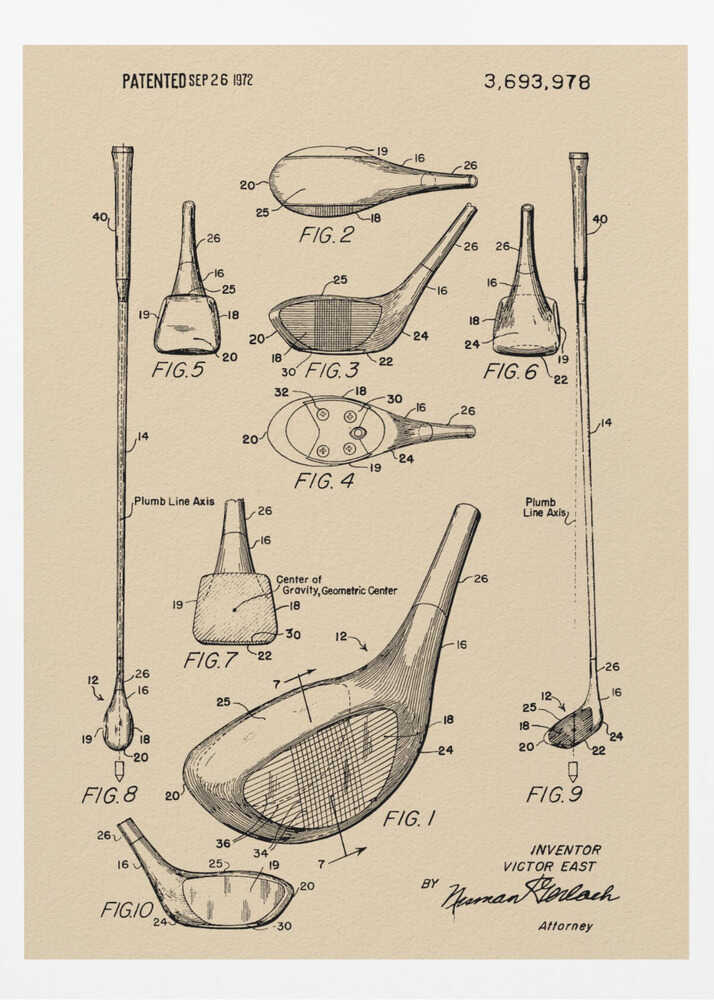 A framed vintage patent illustration for a golf club, dated September 26, 1972. The drawing, on beige paper, shows multiple detailed figures of the club's design from various angles, complete with reference numbers and labels like 'Plumb Line Axis'. Print