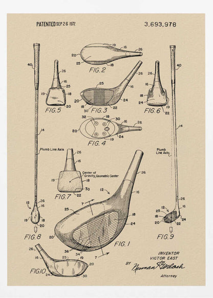 A framed vintage patent illustration for a golf club, dated September 26, 1972. The drawing, on beige paper, shows multiple detailed figures of the club's design from various angles, complete with reference numbers and labels like 'Plumb Line Axis'. Print