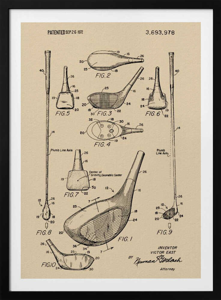 A framed vintage patent illustration for a golf club, dated September 26, 1972. The drawing, on beige paper, shows multiple detailed figures of the club's design from various angles, complete with reference numbers and labels like 'Plumb Line Axis'. Print