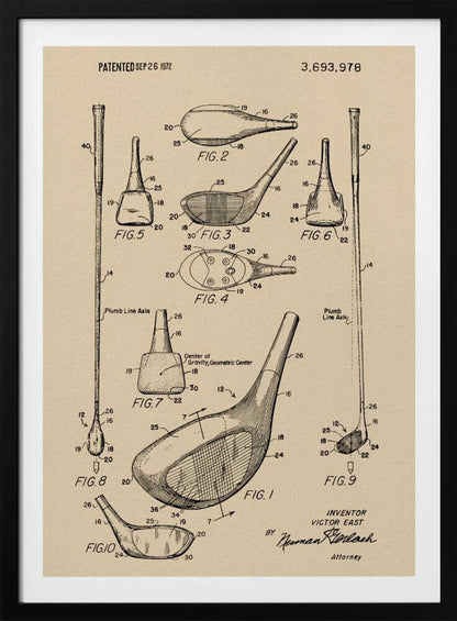 A framed vintage patent illustration for a golf club, dated September 26, 1972. The drawing, on beige paper, shows multiple detailed figures of the club's design from various angles, complete with reference numbers and labels like 'Plumb Line Axis'. Print
