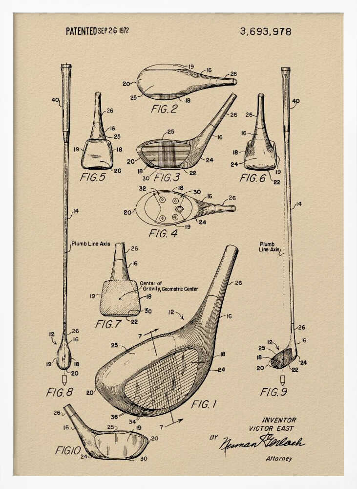 A framed vintage patent illustration for a golf club, dated September 26, 1972. The drawing, on beige paper, shows multiple detailed figures of the club's design from various angles, complete with reference numbers and labels like 'Plumb Line Axis'. Print