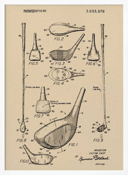 A framed vintage patent illustration for a golf club, dated September 26, 1972. The drawing, on beige paper, shows multiple detailed figures of the club's design from various angles, complete with reference numbers and labels like 'Plumb Line Axis'. Print
