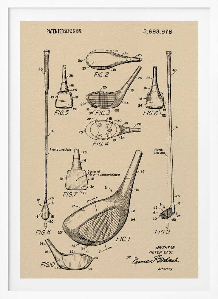 A framed vintage patent illustration for a golf club, dated September 26, 1972. The drawing, on beige paper, shows multiple detailed figures of the club's design from various angles, complete with reference numbers and labels like 'Plumb Line Axis'. Print