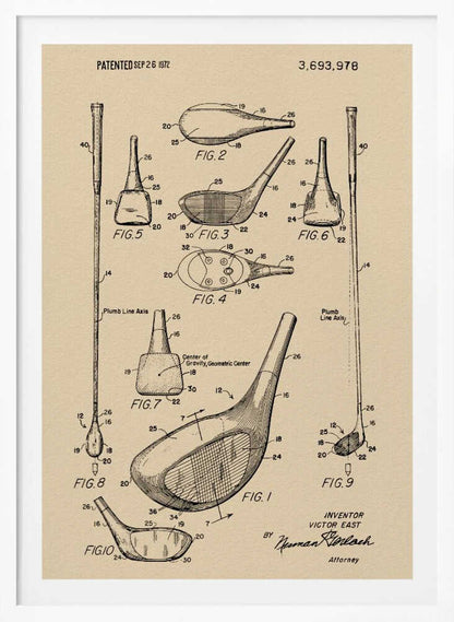 A framed vintage patent illustration for a golf club, dated September 26, 1972. The drawing, on beige paper, shows multiple detailed figures of the club's design from various angles, complete with reference numbers and labels like 'Plumb Line Axis'. Print