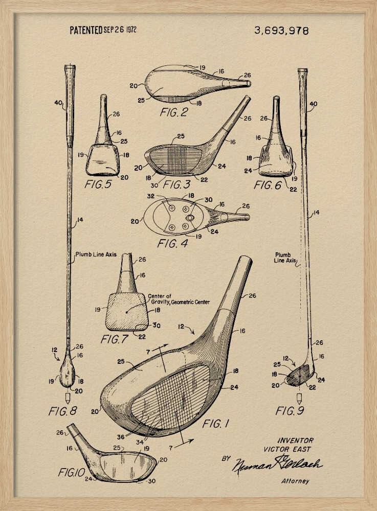 A framed vintage patent illustration for a golf club, dated September 26, 1972. The drawing, on beige paper, shows multiple detailed figures of the club's design from various angles, complete with reference numbers and labels like 'Plumb Line Axis'. Print
