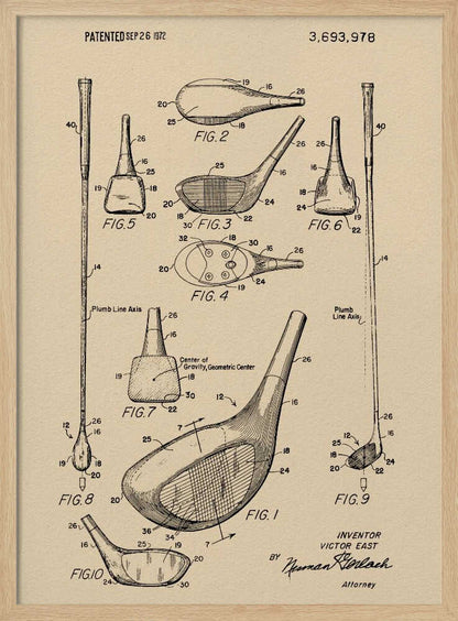 A framed vintage patent illustration for a golf club, dated September 26, 1972. The drawing, on beige paper, shows multiple detailed figures of the club's design from various angles, complete with reference numbers and labels like 'Plumb Line Axis'. Print