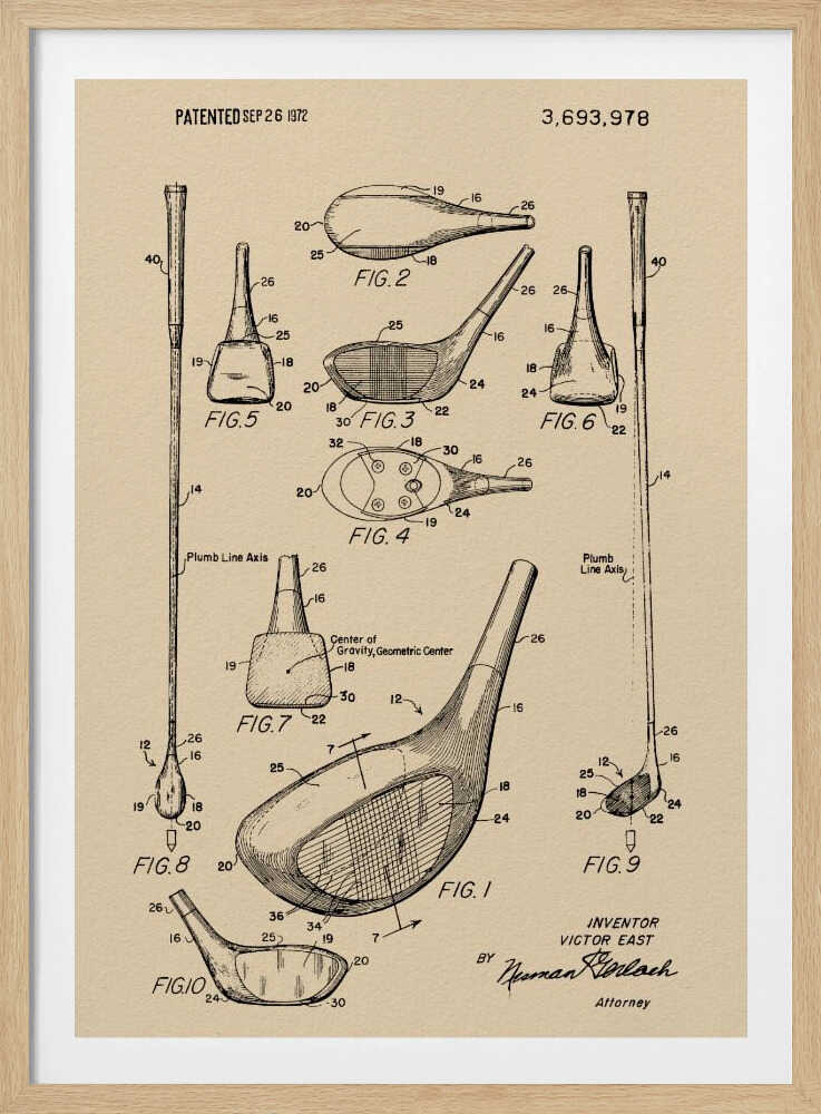 A framed vintage patent illustration for a golf club, dated September 26, 1972. The drawing, on beige paper, shows multiple detailed figures of the club's design from various angles, complete with reference numbers and labels like 'Plumb Line Axis'. Print