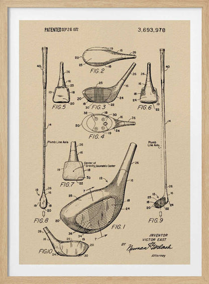 A framed vintage patent illustration for a golf club, dated September 26, 1972. The drawing, on beige paper, shows multiple detailed figures of the club's design from various angles, complete with reference numbers and labels like 'Plumb Line Axis'. Print