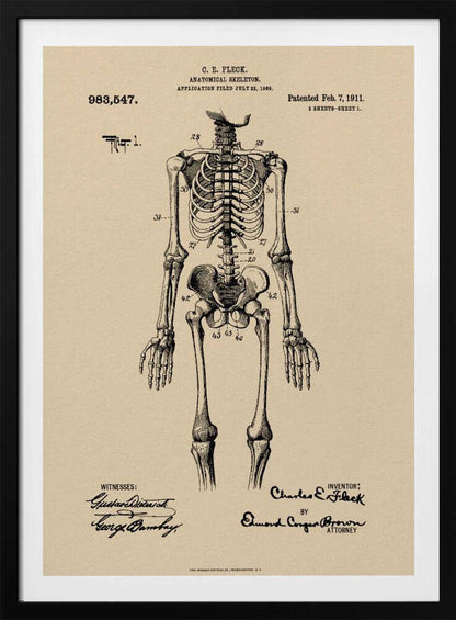 A framed vintage patent illustration of a human anatomical skeleton, printed in black ink on aged beige paper. The detailed drawing shows a full frontal view of the skeleton with numbered parts, text, and signatures in a classic patent document style. Poster